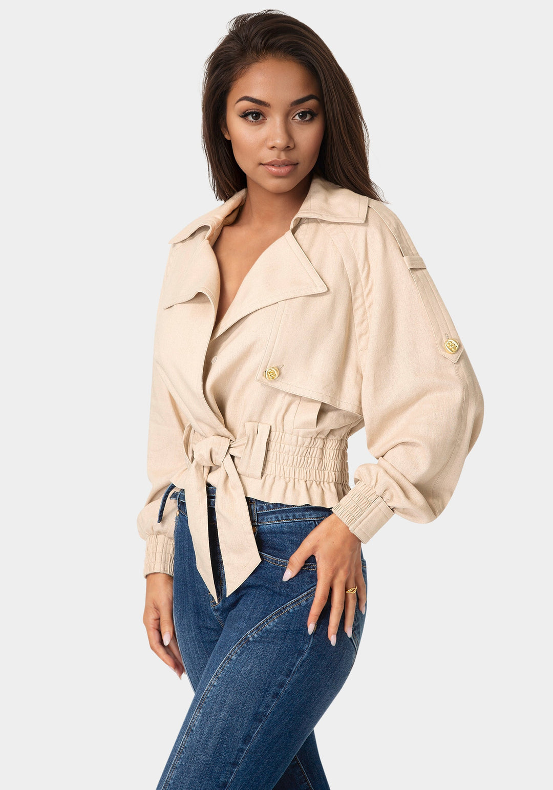 Side View-Cropped Trench Jacket-Beige Cloud
