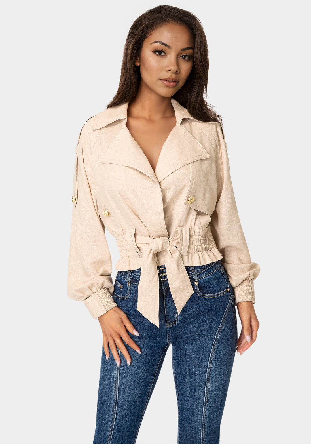 Front View-Cropped Trench Jacket-Beige Cloud