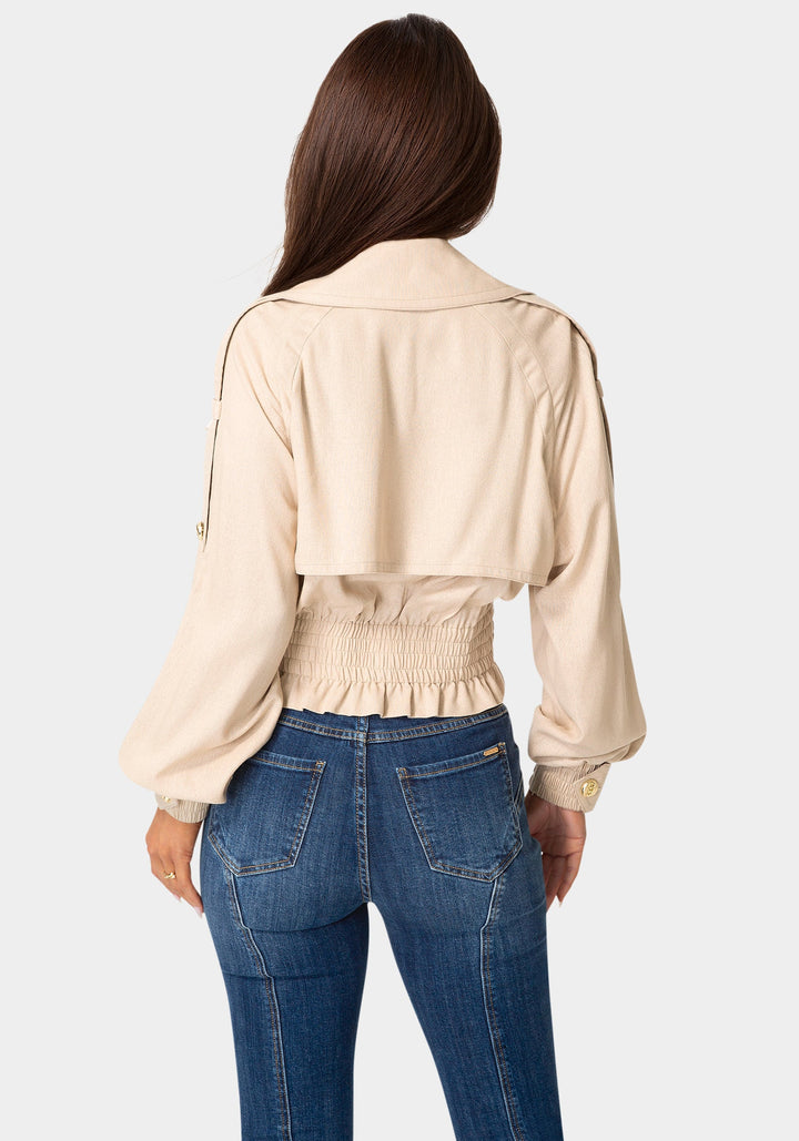 Back View-Cropped Trench Jacket-Beige Cloud