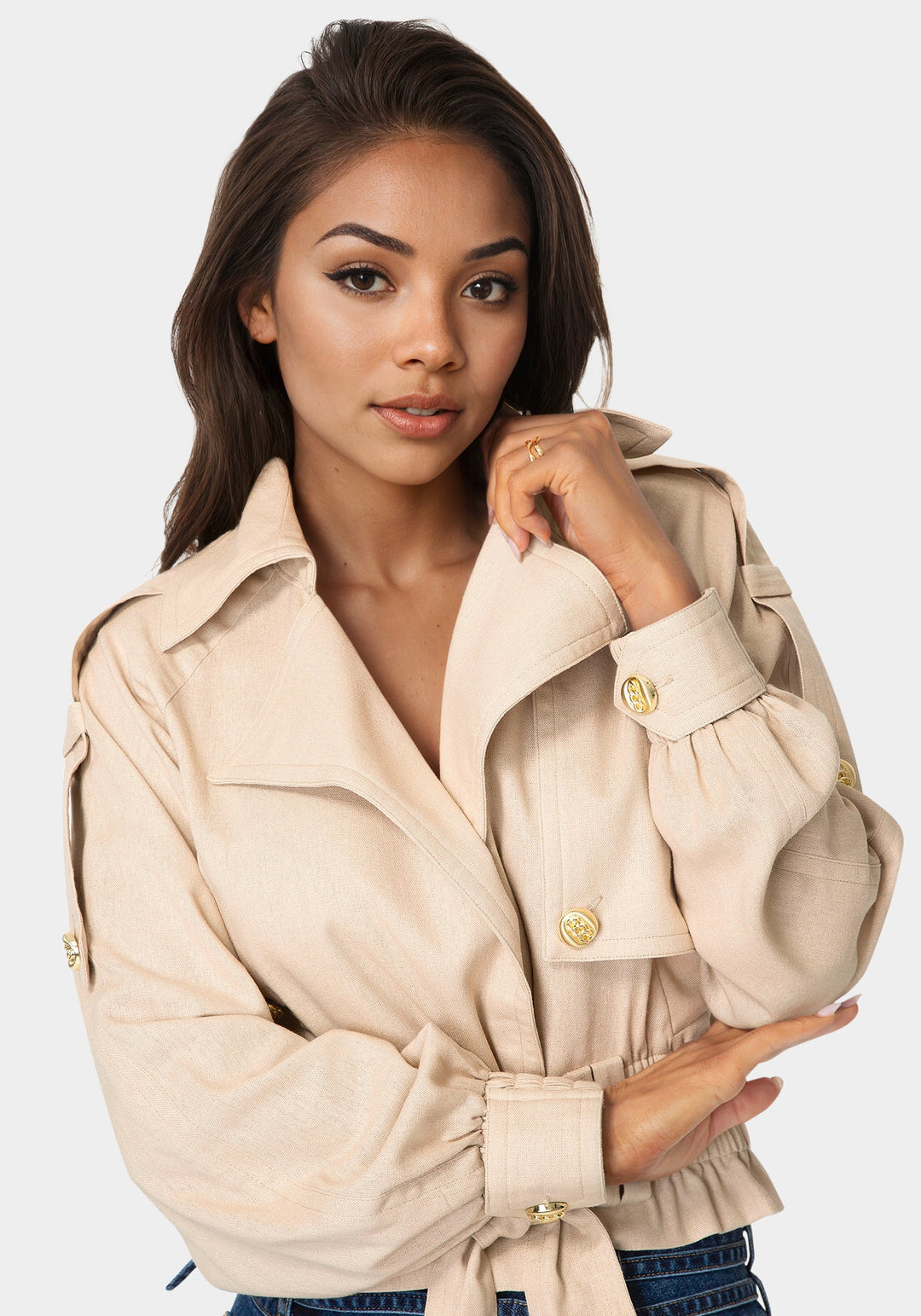 Detail View-Cropped Trench Jacket-Beige Cloud