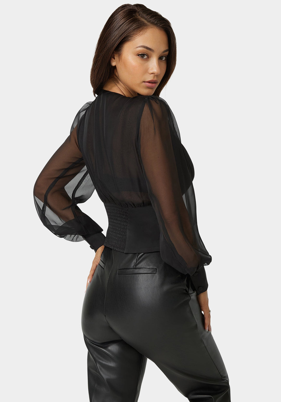Back View-Wrap Tuxedo Look Blouse-Black