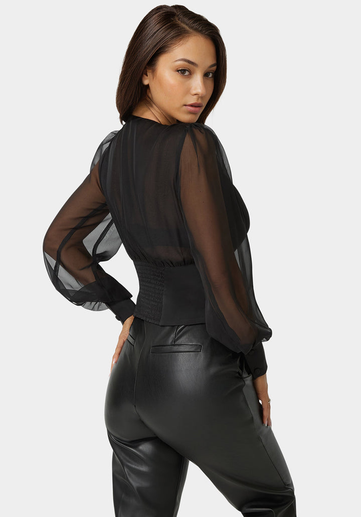 Back View-Wrap Tuxedo Look Blouse-Black