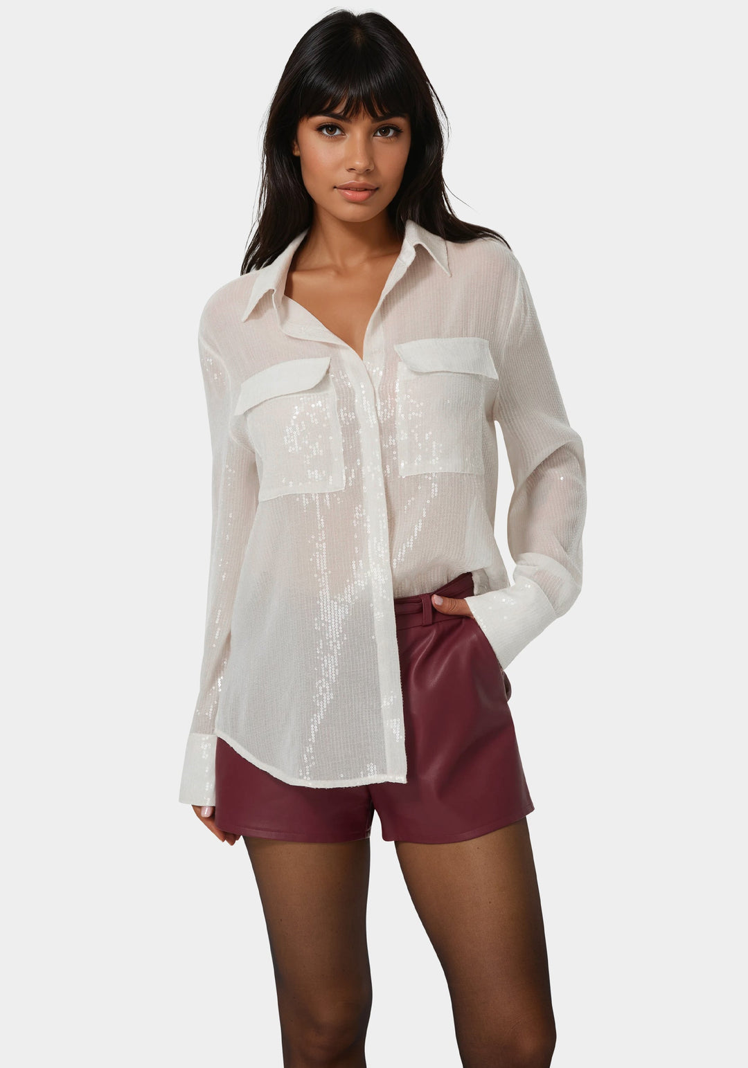 Front View-Sequin Long Sleeve Blouse-WHITE ALYSSUM