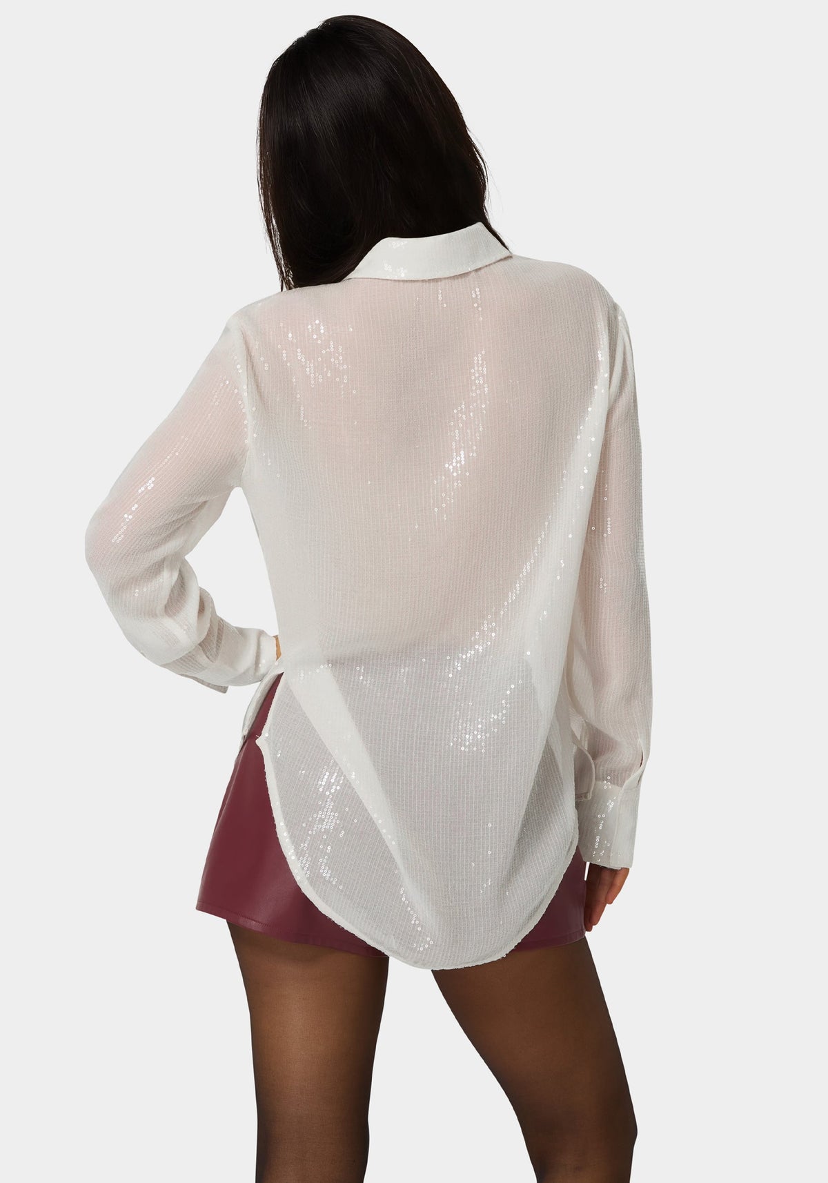 Back View-Sequin Long Sleeve Blouse-WHITE ALYSSUM