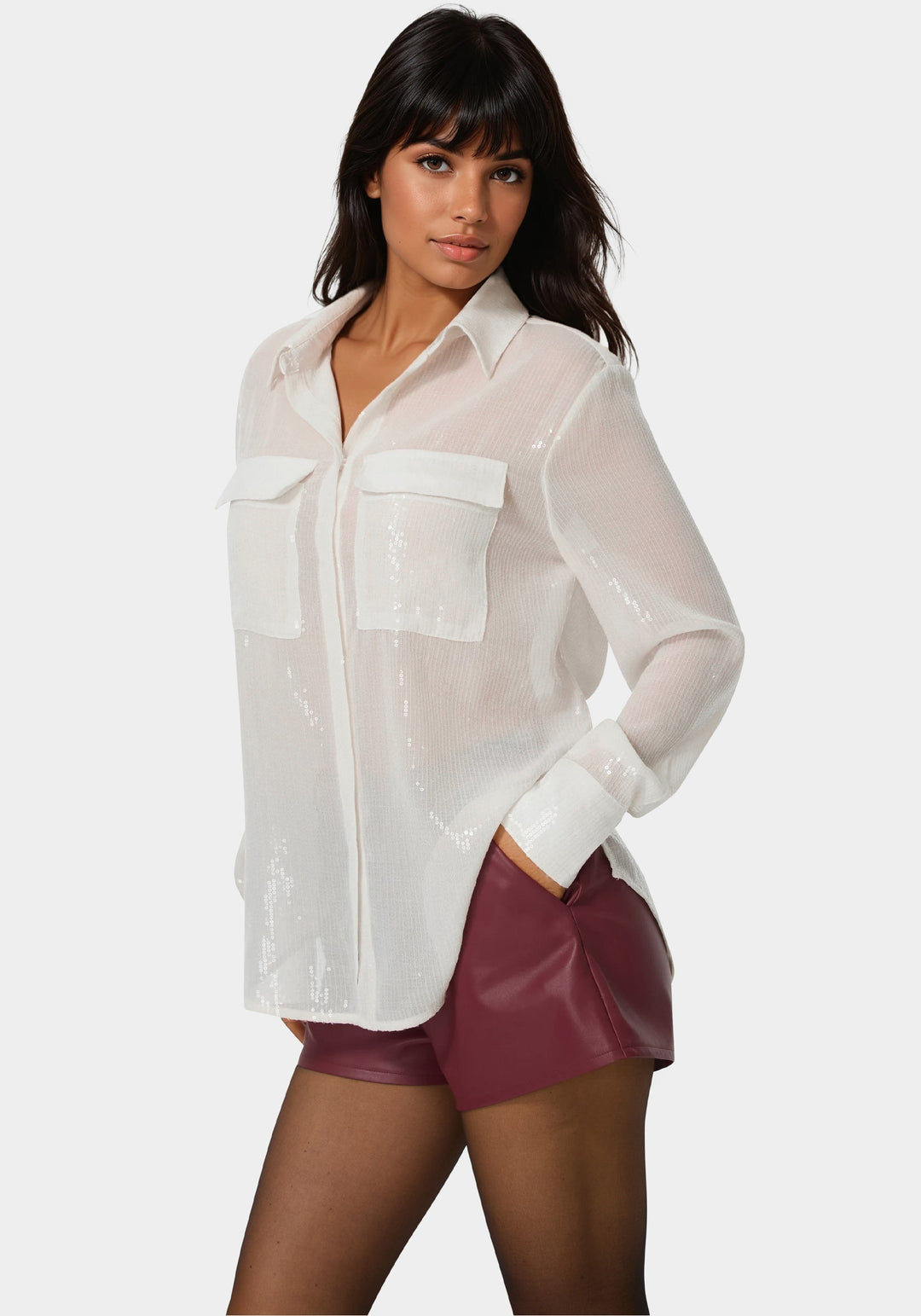 Side View-Sequin Long Sleeve Blouse-WHITE ALYSSUM