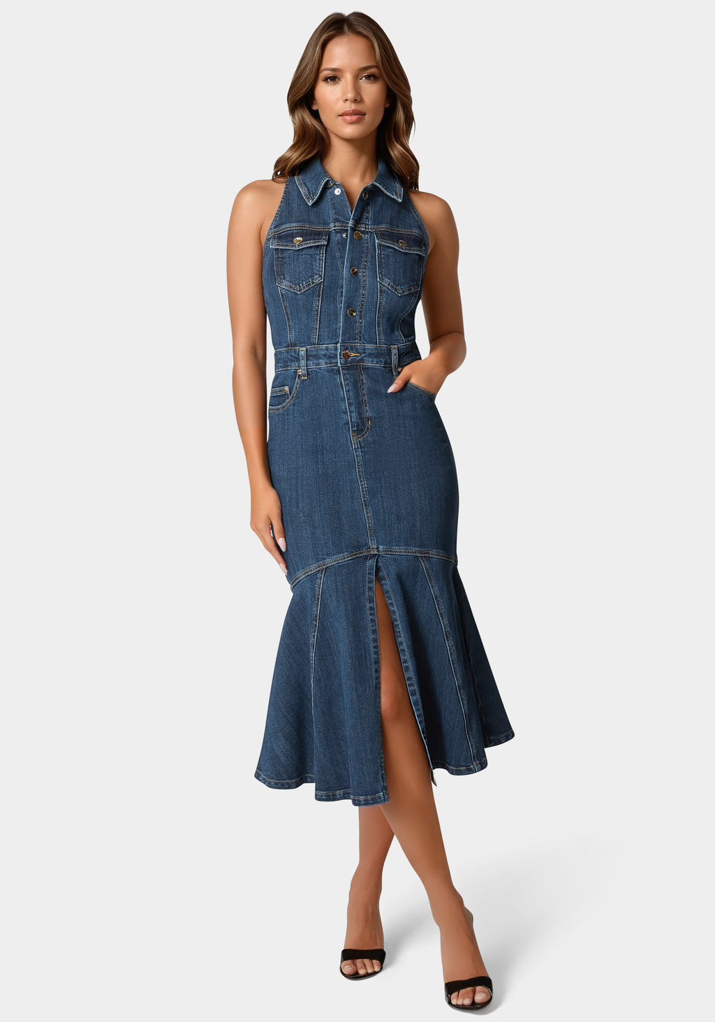 halter denim midi dress Dark Wash Denim Dress - Halter Dress - Midi Dress With Pockets