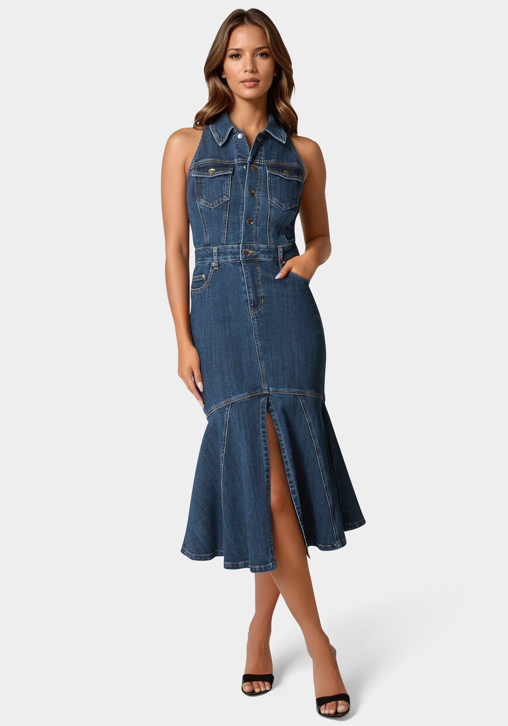 Bebe Women's Halter Midi Denim Dress, Size 6 in True Blue Wash Metal/Cotton/Spandex