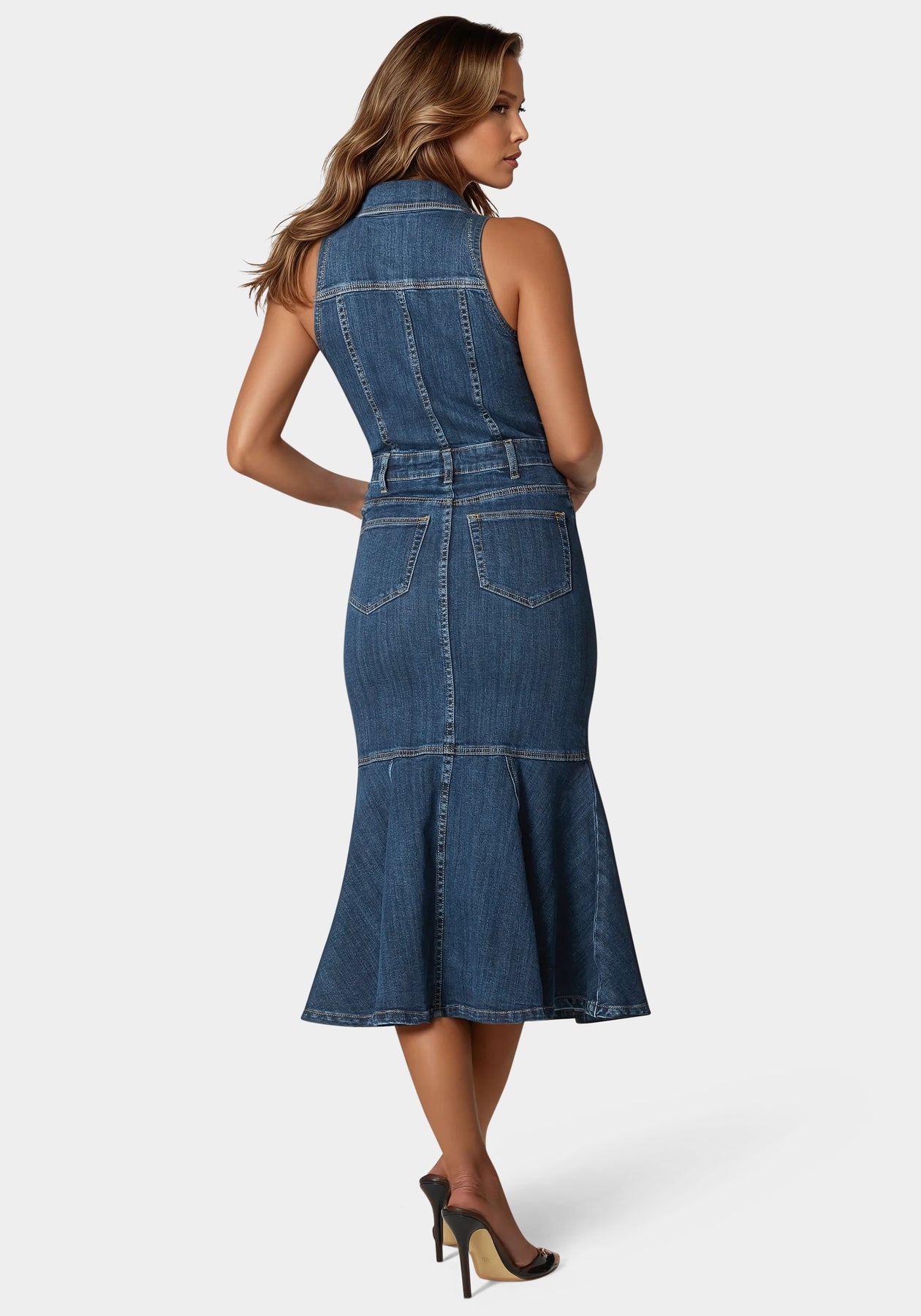 Bebe Women's Halter Midi Denim Dress, Size 6 in True Blue Wash Metal/Cotton/Spandex Bebe Women's Halter Midi Denim Dress, Size 6 in True Blue Wash Metal/Cotton/Spandex