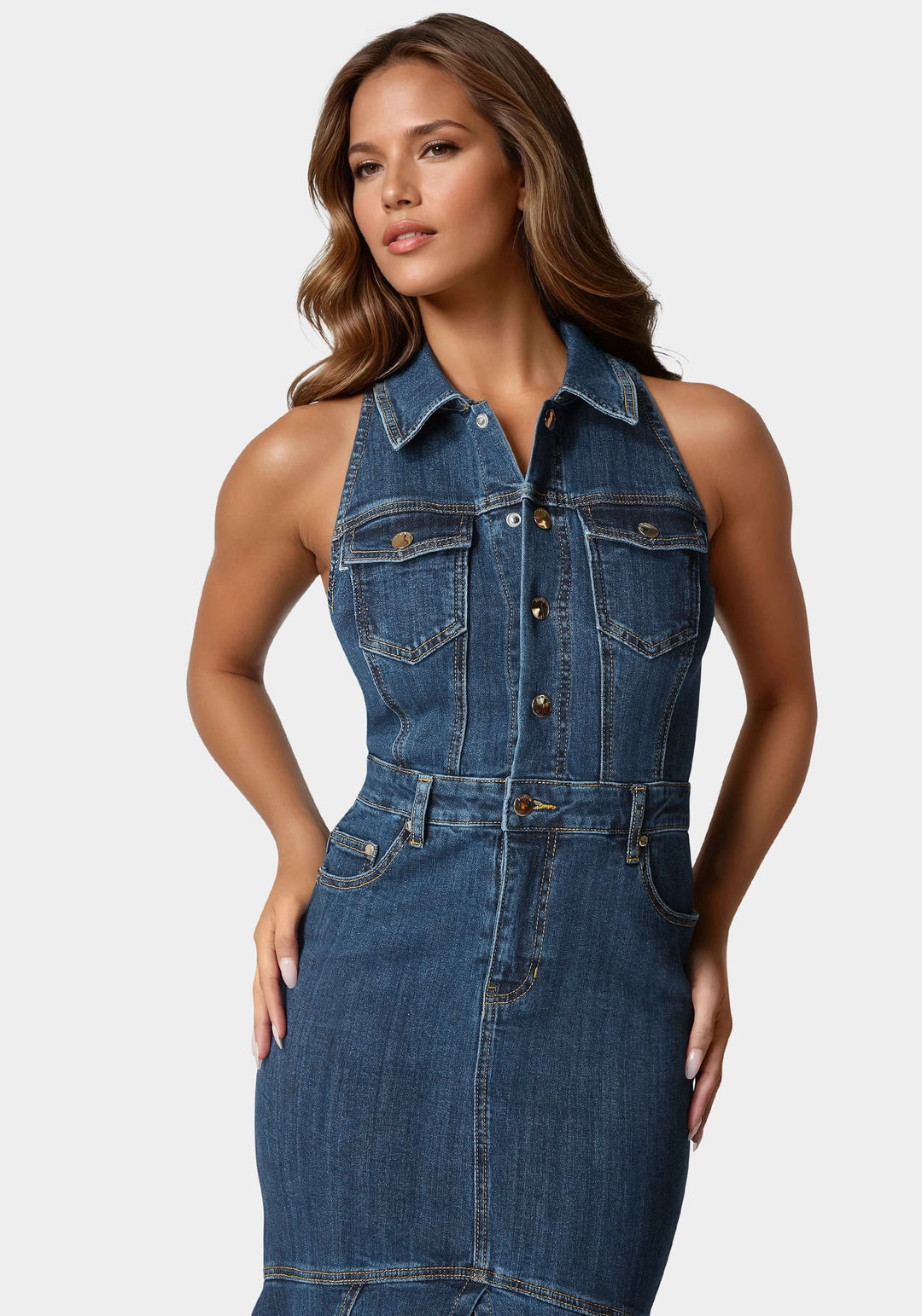 Bebe Women's Halter Midi Denim Dress, Size 6 in True Blue Wash Metal/Cotton/Spandex Bebe Women's Halter Midi Denim Dress, Size 6 in True Blue Wash Metal/Cotton/Spandex
