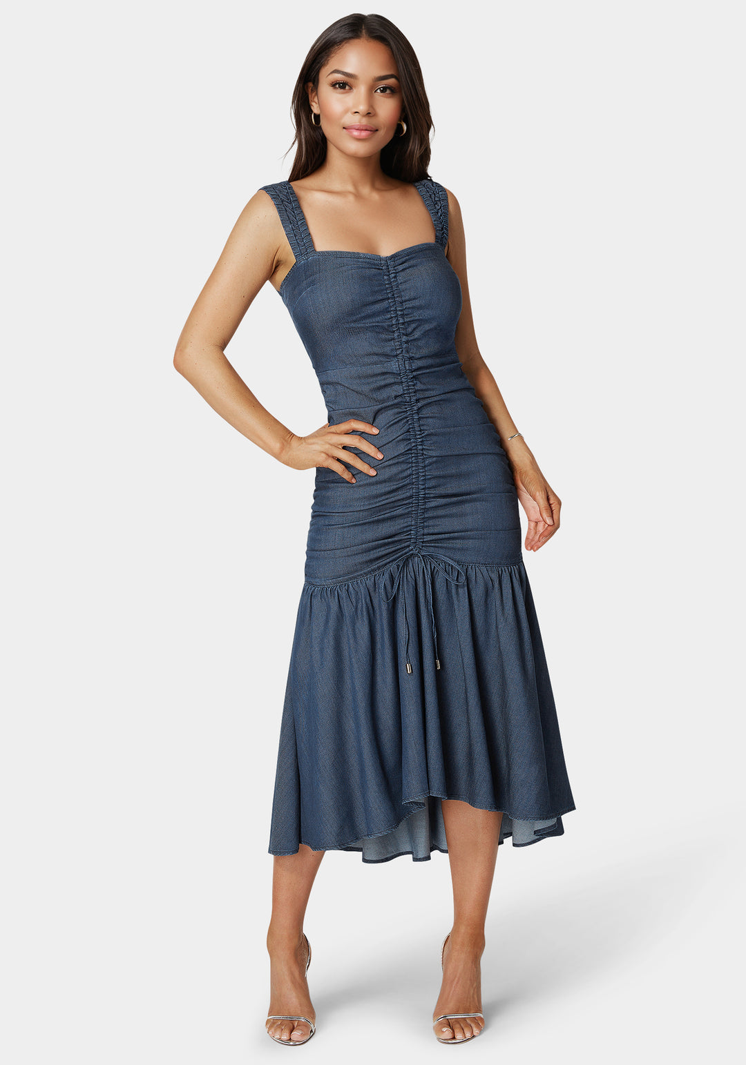 Bebe Women's Ruched Denim Dress, Size 0 in Dark Blue Wash Spandex/Viscose Bebe Women's Ruched Denim Dress, Size 0 in Dark Blue Wash Spandex/Viscose
