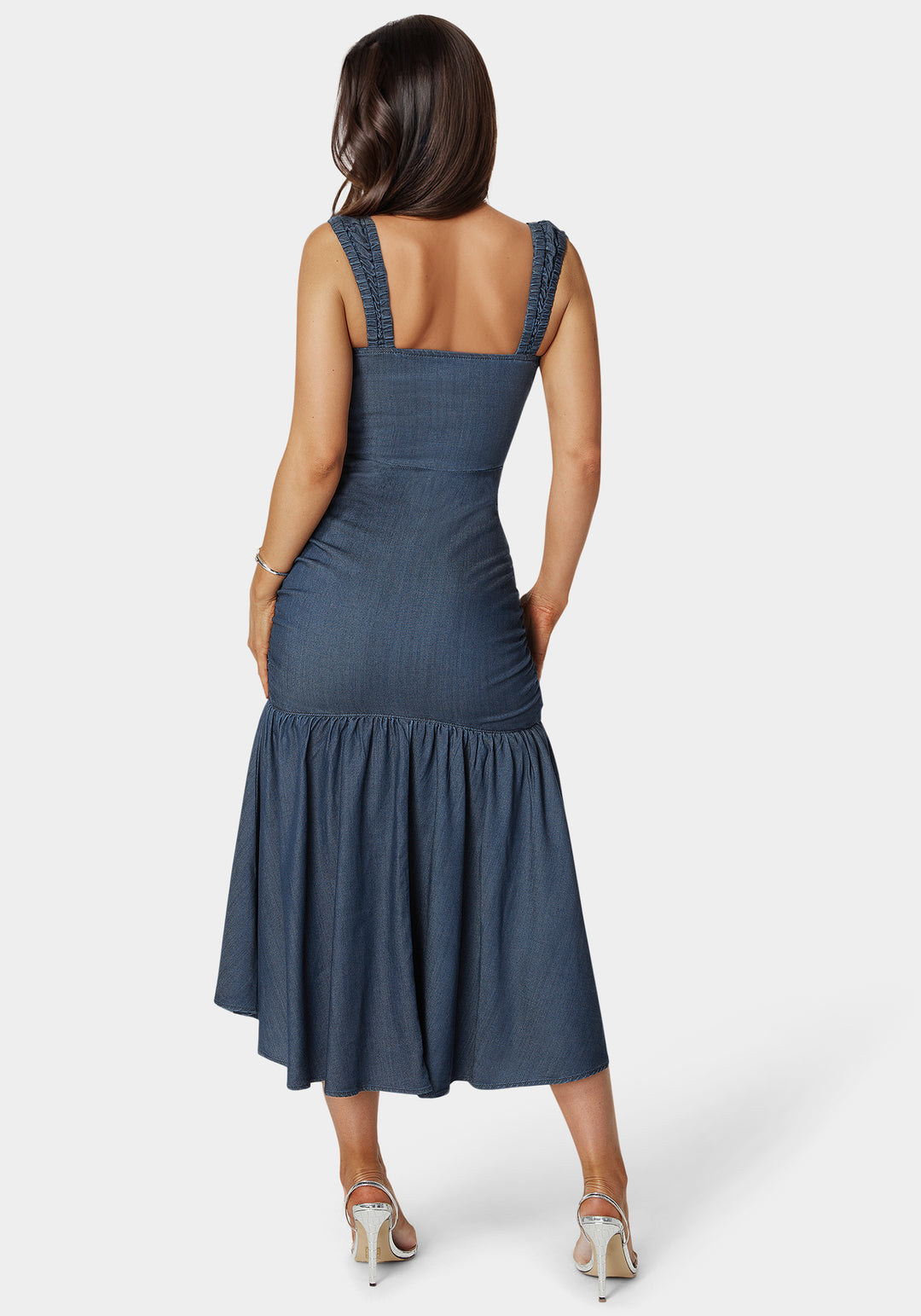 Bebe Women's Ruched Denim Dress, Size 0 in Dark Blue Wash Spandex/Viscose Bebe Women's Ruched Denim Dress, Size 0 in Dark Blue Wash Spandex/Viscose