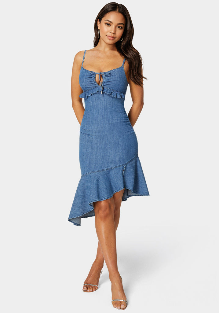 Ruffle Hem Light Weight Denim Dress – bebe Ruffle Hem Light Weight Denim Dress – bebe