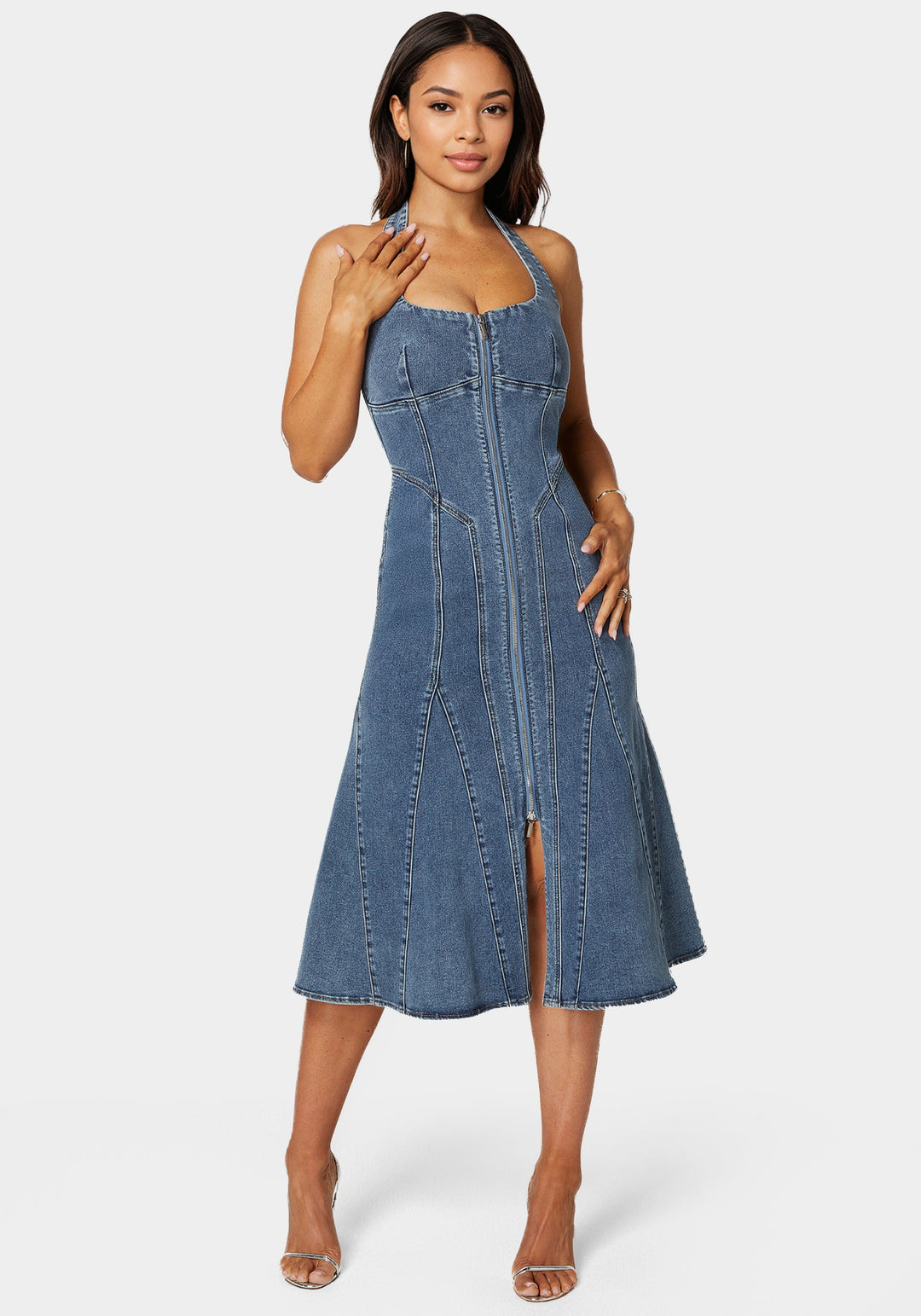 Halter Front Zipper Midi Denim Dress bebe Halter Front Zipper Midi Denim Dress bebe