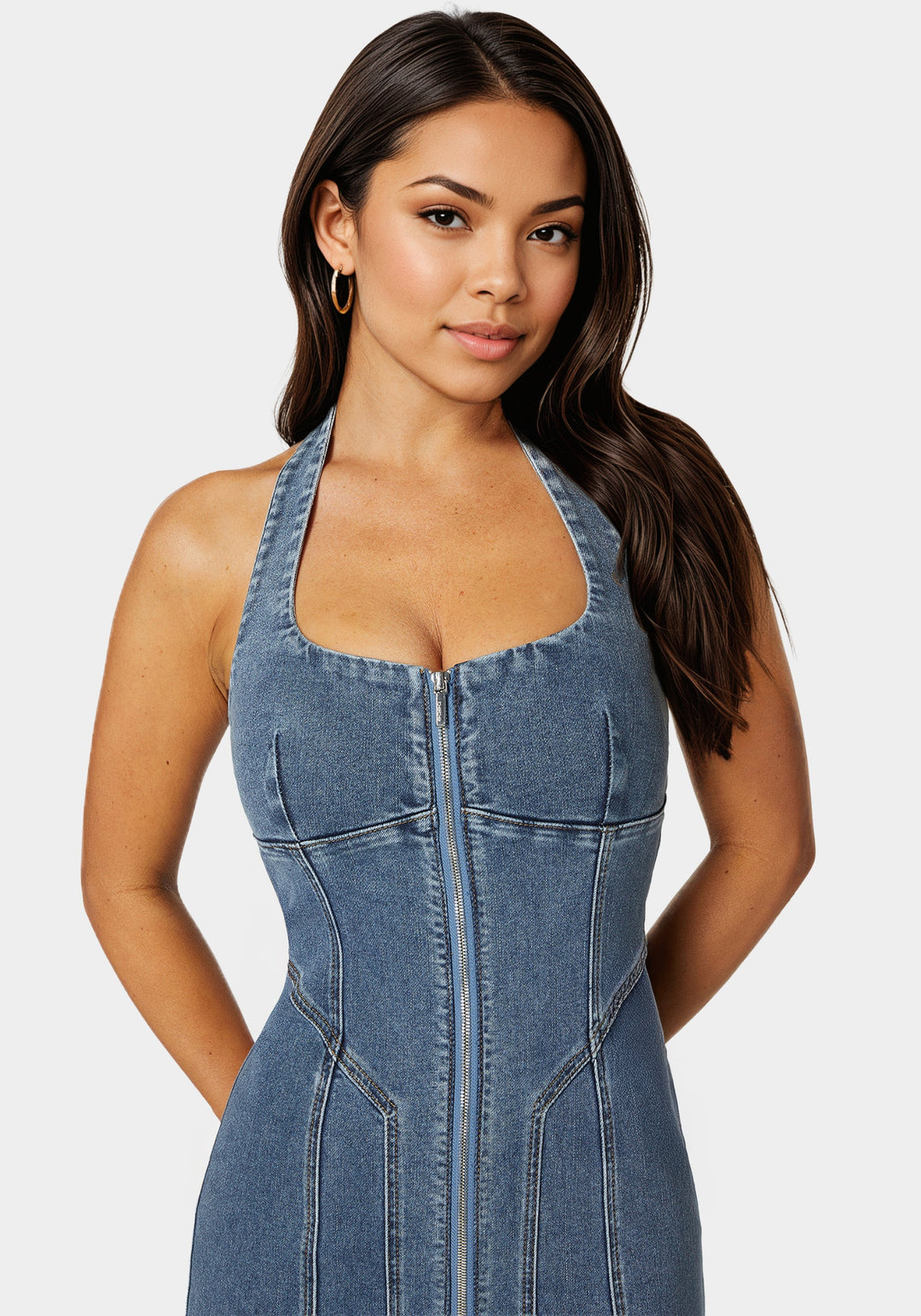 Halter Front Zipper Midi Denim Dress bebe Halter Front Zipper Midi Denim Dress bebe