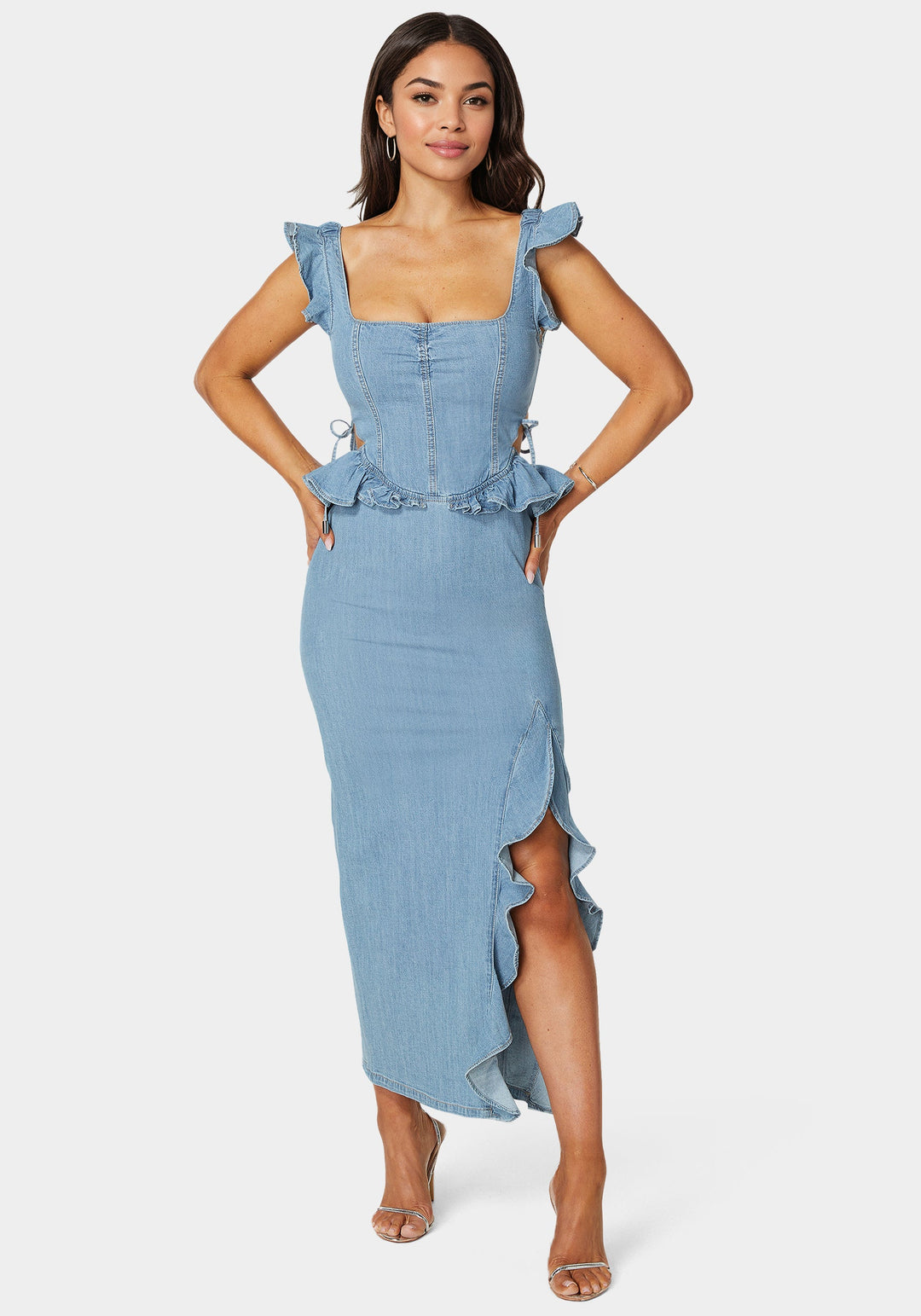 Light Weight Ruffle Detail Denim Dress bebe Light Weight Ruffle Detail Denim Dress bebe