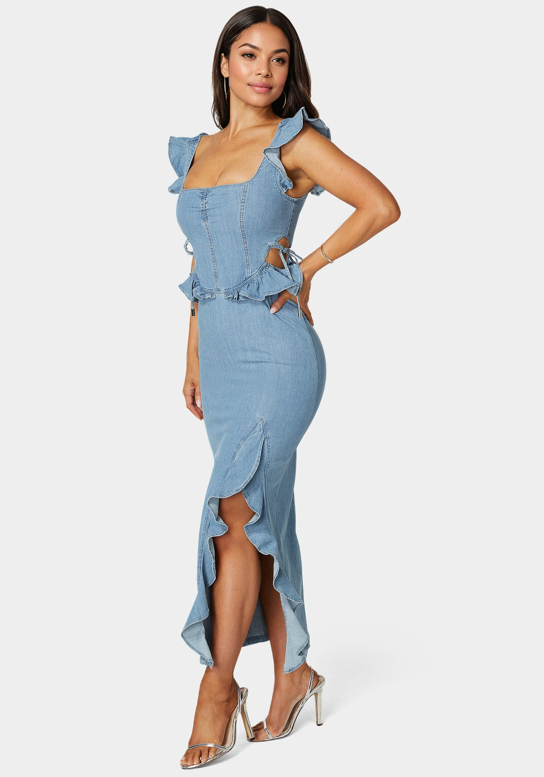 Light Weight Ruffle Detail Denim Dress bebe Light Weight Ruffle Detail Denim Dress bebe