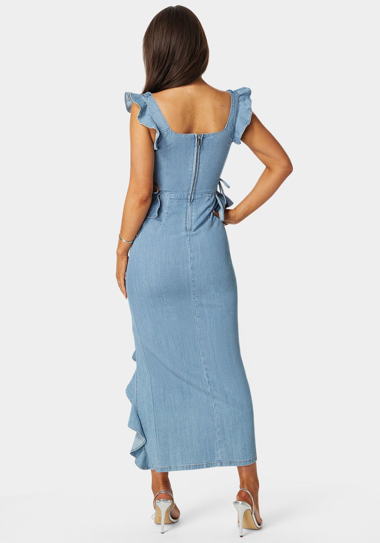 Light Weight Ruffle Detail Denim Dress bebe Light Weight Ruffle Detail Denim Dress bebe