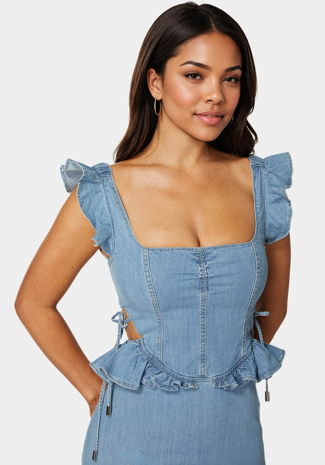 Light Weight Ruffle Detail Denim Dress bebe Light Weight Ruffle Detail Denim Dress bebe