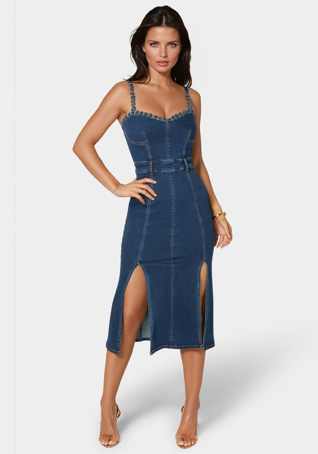 Neckline Chain Trim Midi Denim Dress Neckline Chain Trim Midi Denim Dress