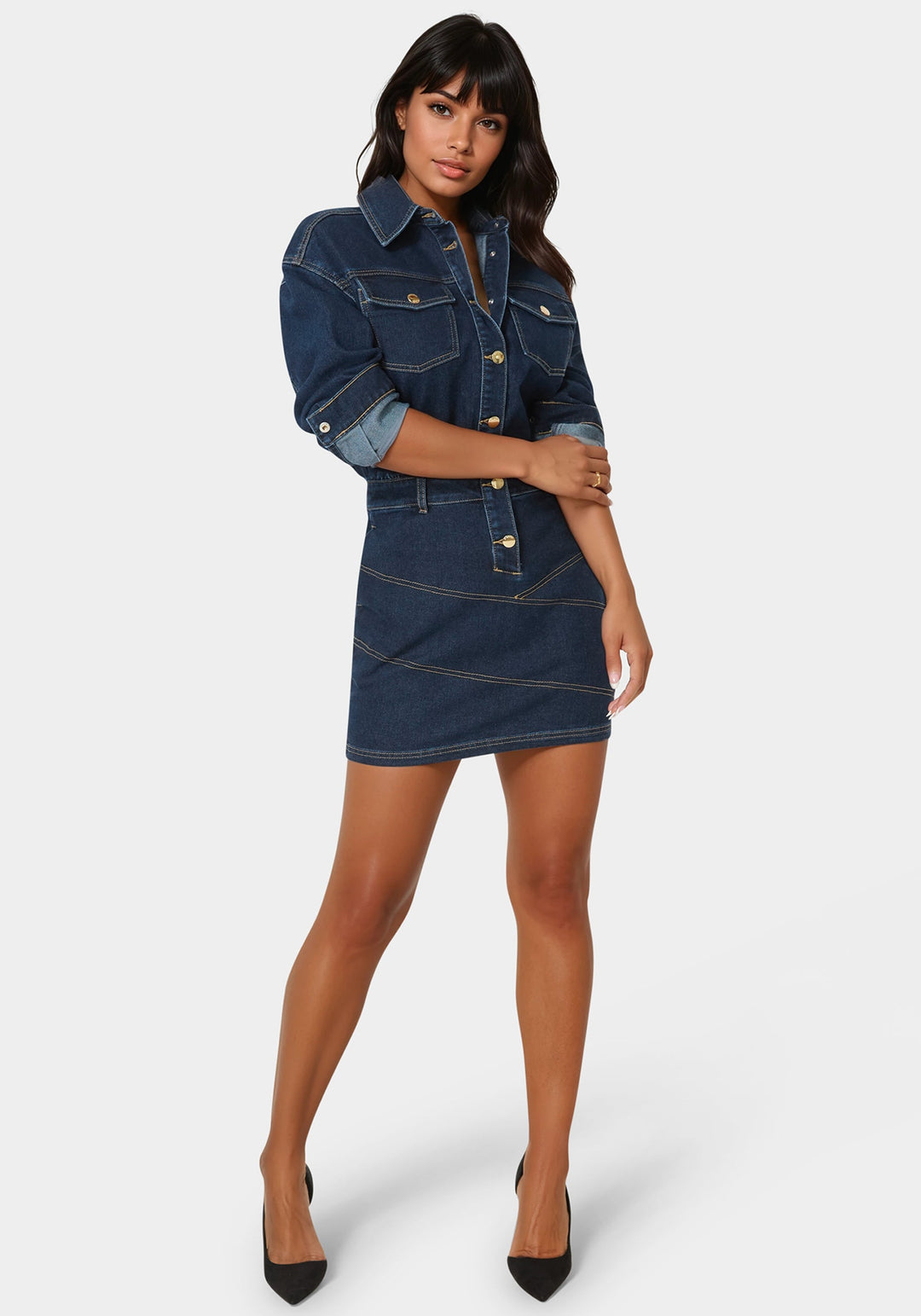 Front View-Shirt Denim Mini Dress-Midnight Blue Wash