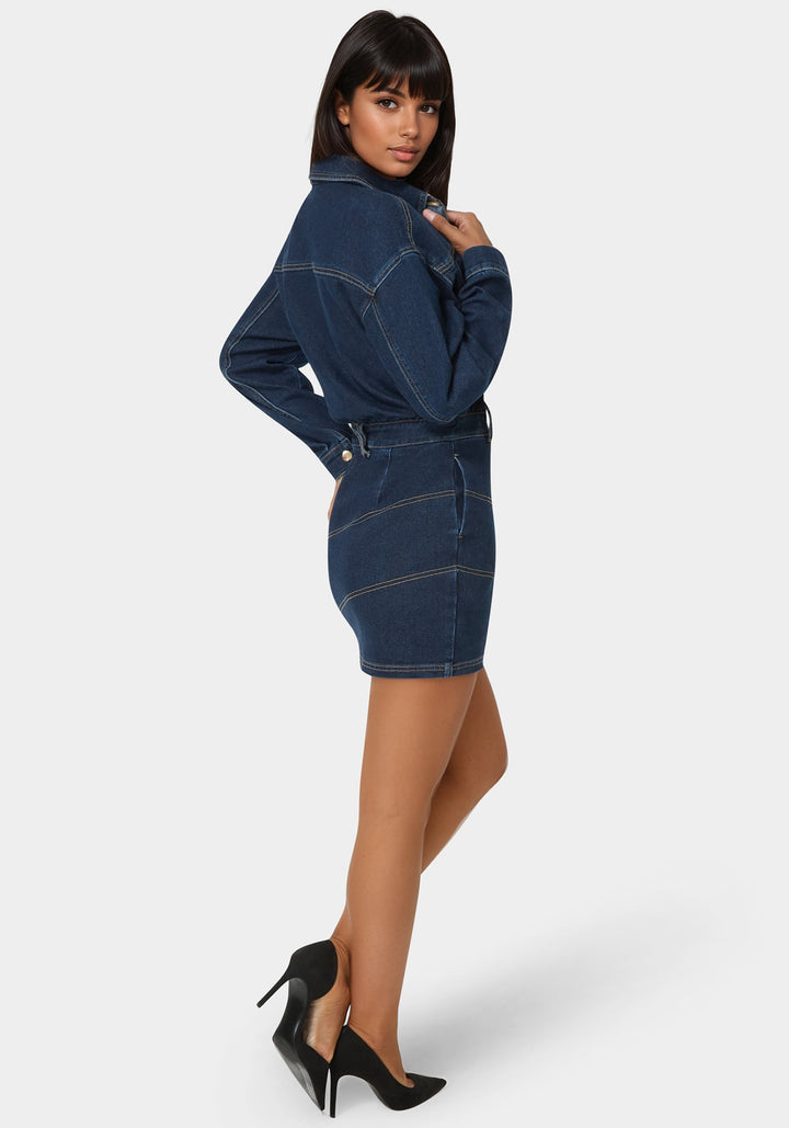 Back View-Shirt Denim Mini Dress-Midnight Blue Wash