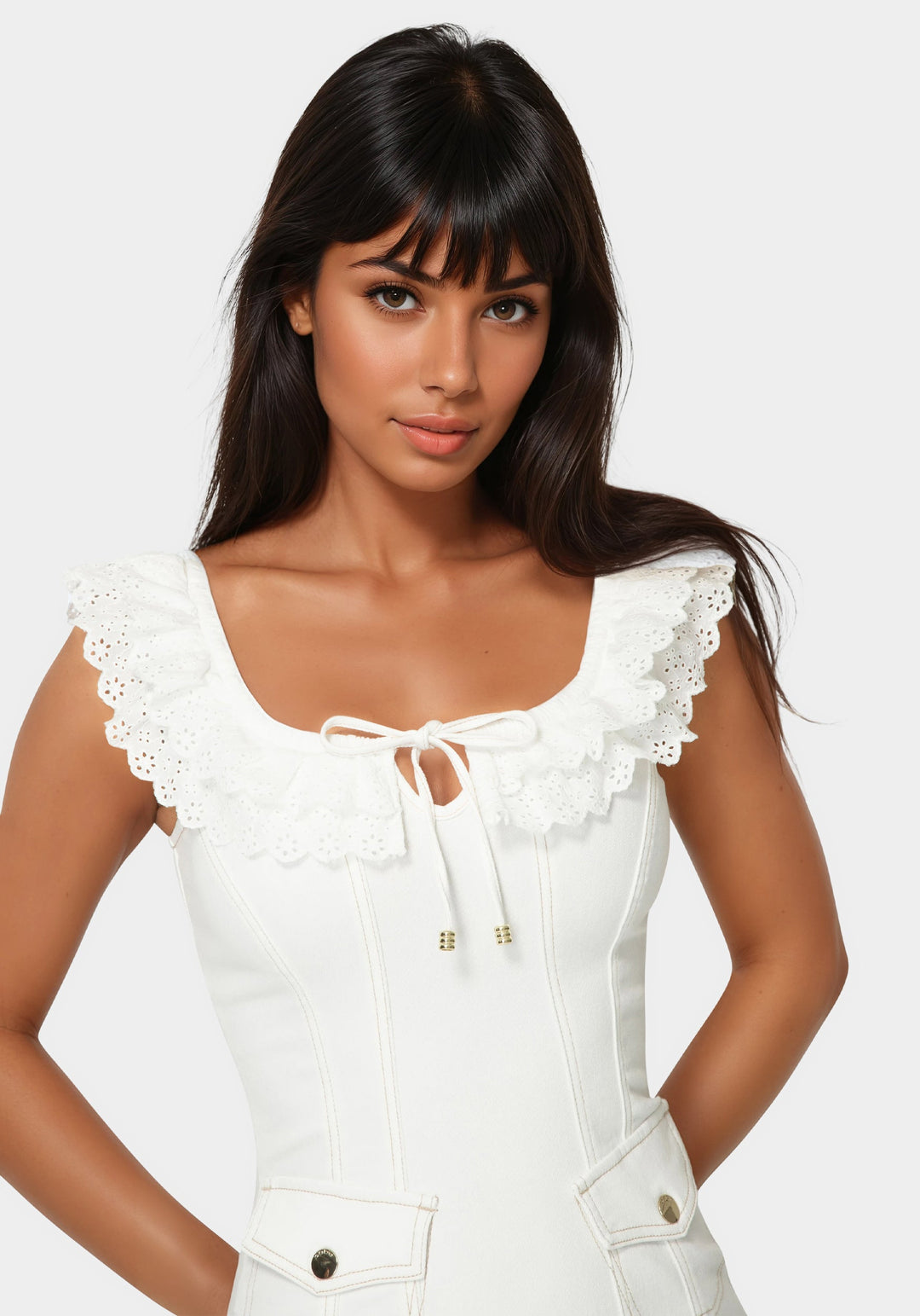 Fitted Ruffle Eyelet Denim Dress bebe Fitted Ruffle Eyelet Denim Dress bebe