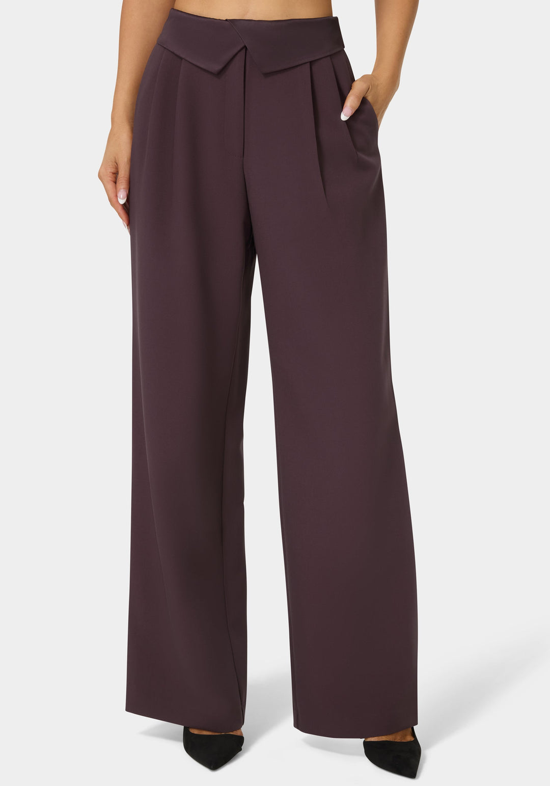 Front View-Tailored Foldover Waistband Wide Leg Pant-Coco Bordeaux
