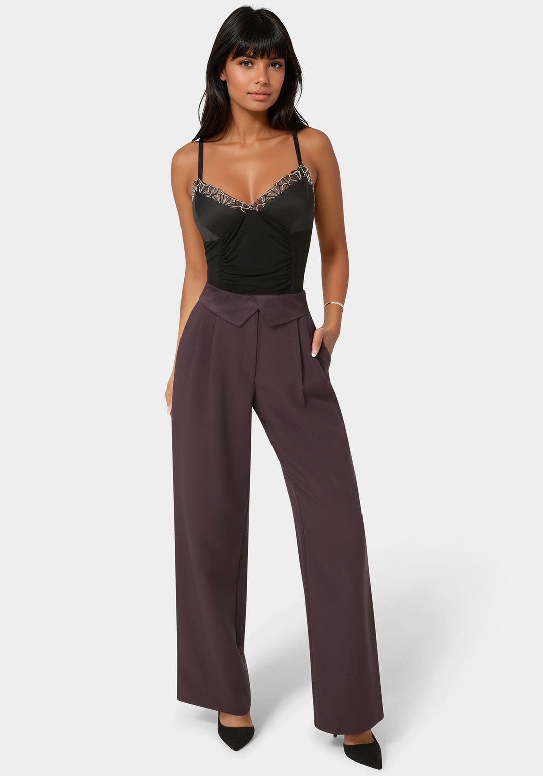 Detail View-Tailored Foldover Waistband Wide Leg Pant-Coco Bordeaux