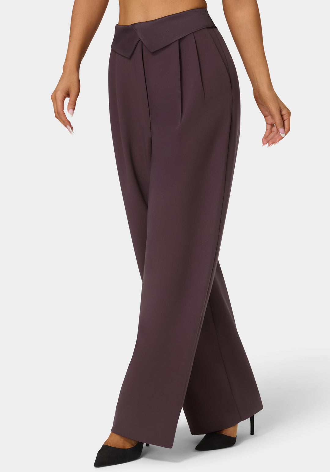 Side View-Tailored Foldover Waistband Wide Leg Pant-Coco Bordeaux