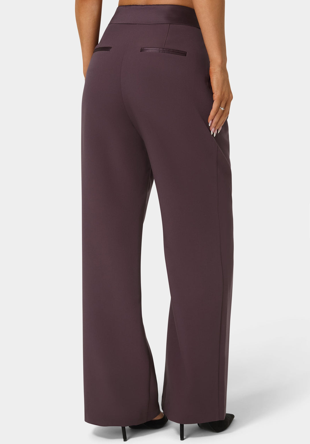 Back View-Tailored Foldover Waistband Wide Leg Pant-Coco Bordeaux