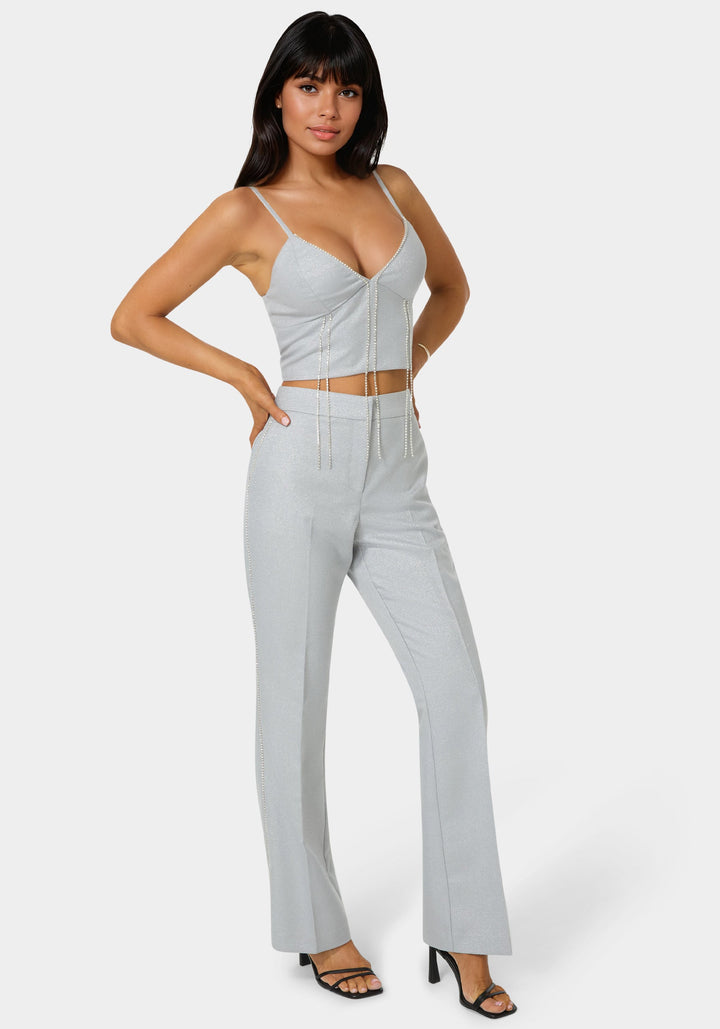 Front View-Glittery High Waist Mini Flare Leg Pant-SILVER