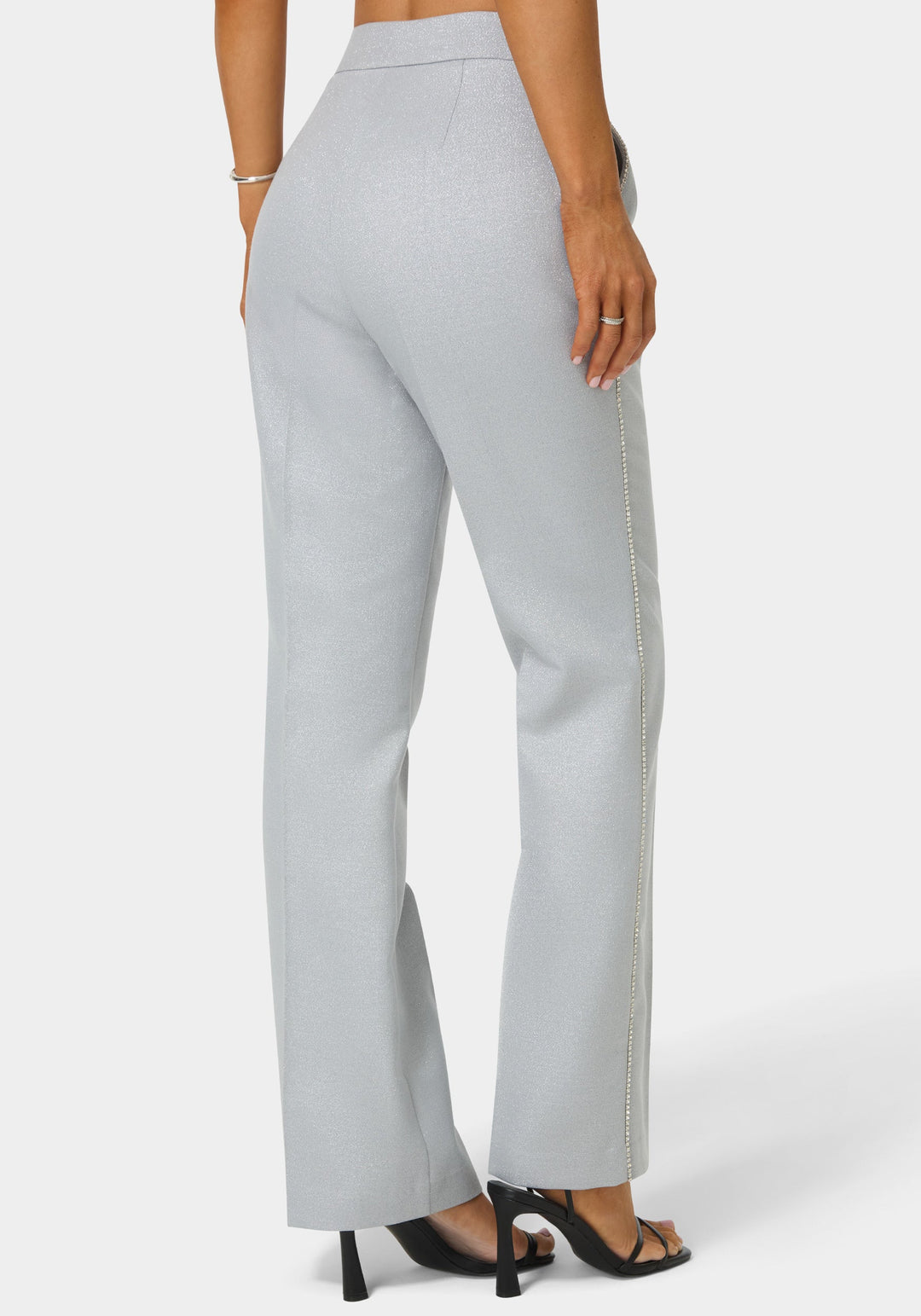 Back View-Glittery High Waist Mini Flare Leg Pant-SILVER