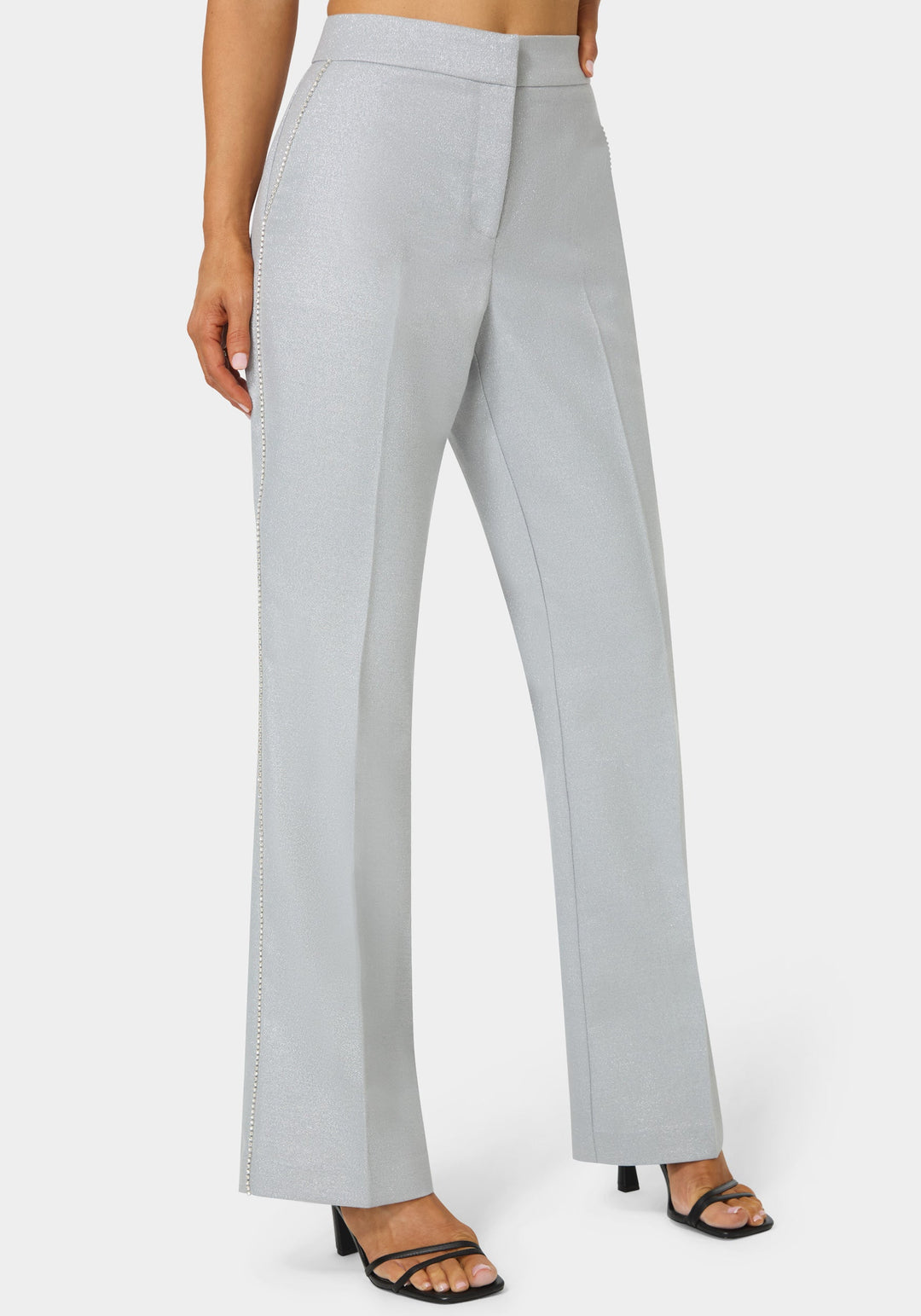 Detail View-Glittery High Waist Mini Flare Leg Pant-SILVER