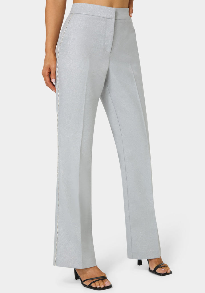 Detail View-Glittery High Waist Mini Flare Leg Pant-SILVER