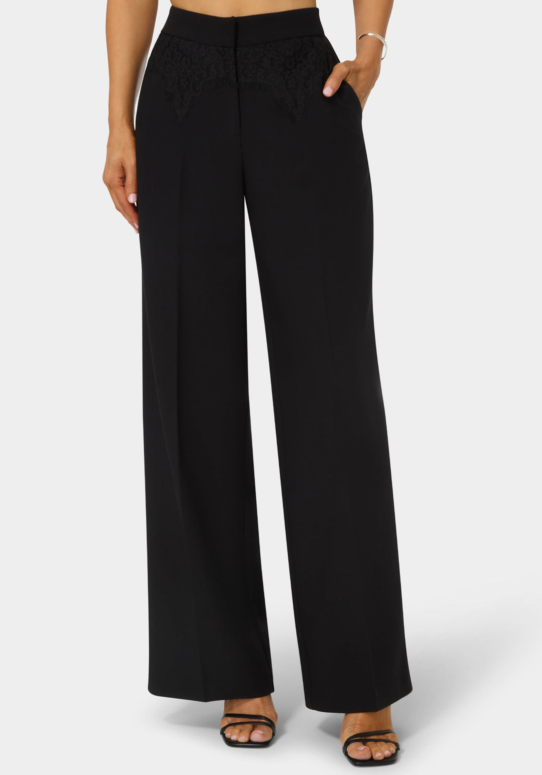 Front View-Tailored High Waist Palazzo Leg Pant-BLACK