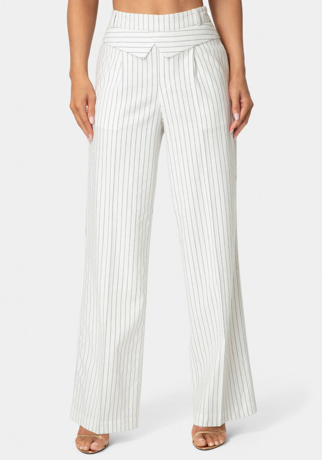 Front View-Tailored Pinstripe Straight Wide Leg Pant-White Alyssum Pinstripe