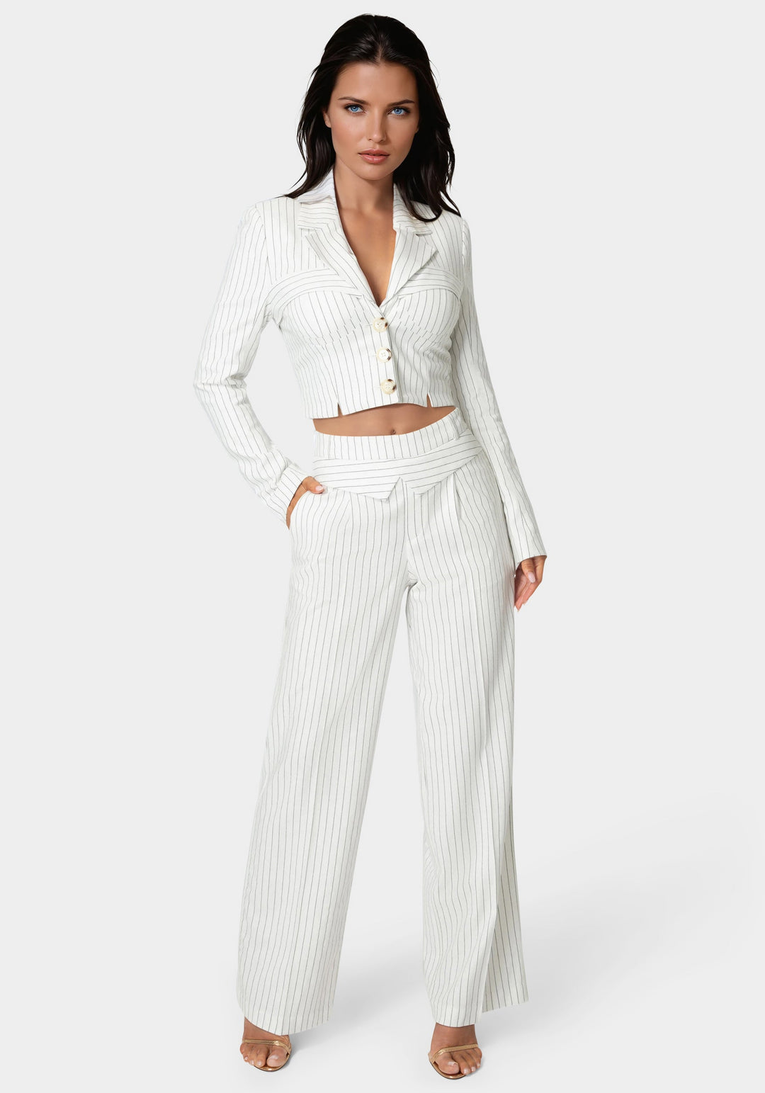 Detail View-Tailored Pinstripe Straight Wide Leg Pant-White Alyssum Pinstripe