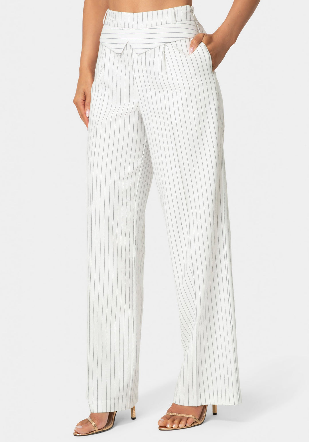Side View-Tailored Pinstripe Straight Wide Leg Pant-White Alyssum Pinstripe