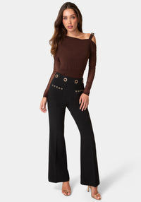 Detail View-HIGH WAIST GOLD EYELET STRAIGHT LEG PANTS-BLACK