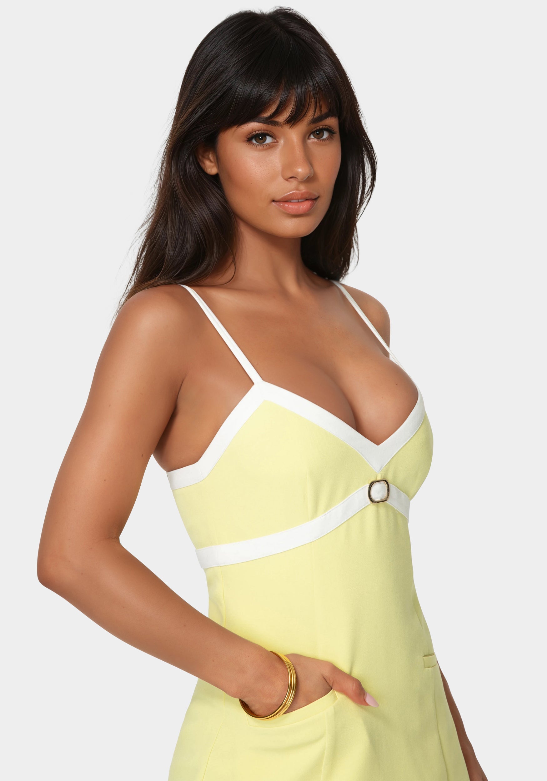 Side View-Tailored V Neck Romper-Key Lime Pie