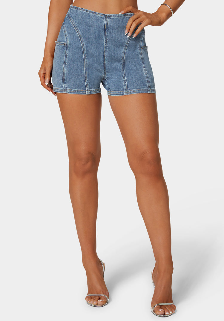 Side Pocket Stitch Detailed Denim Shorts