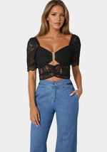 Puff Sleeve Ruched Waist Lace Top | bebe