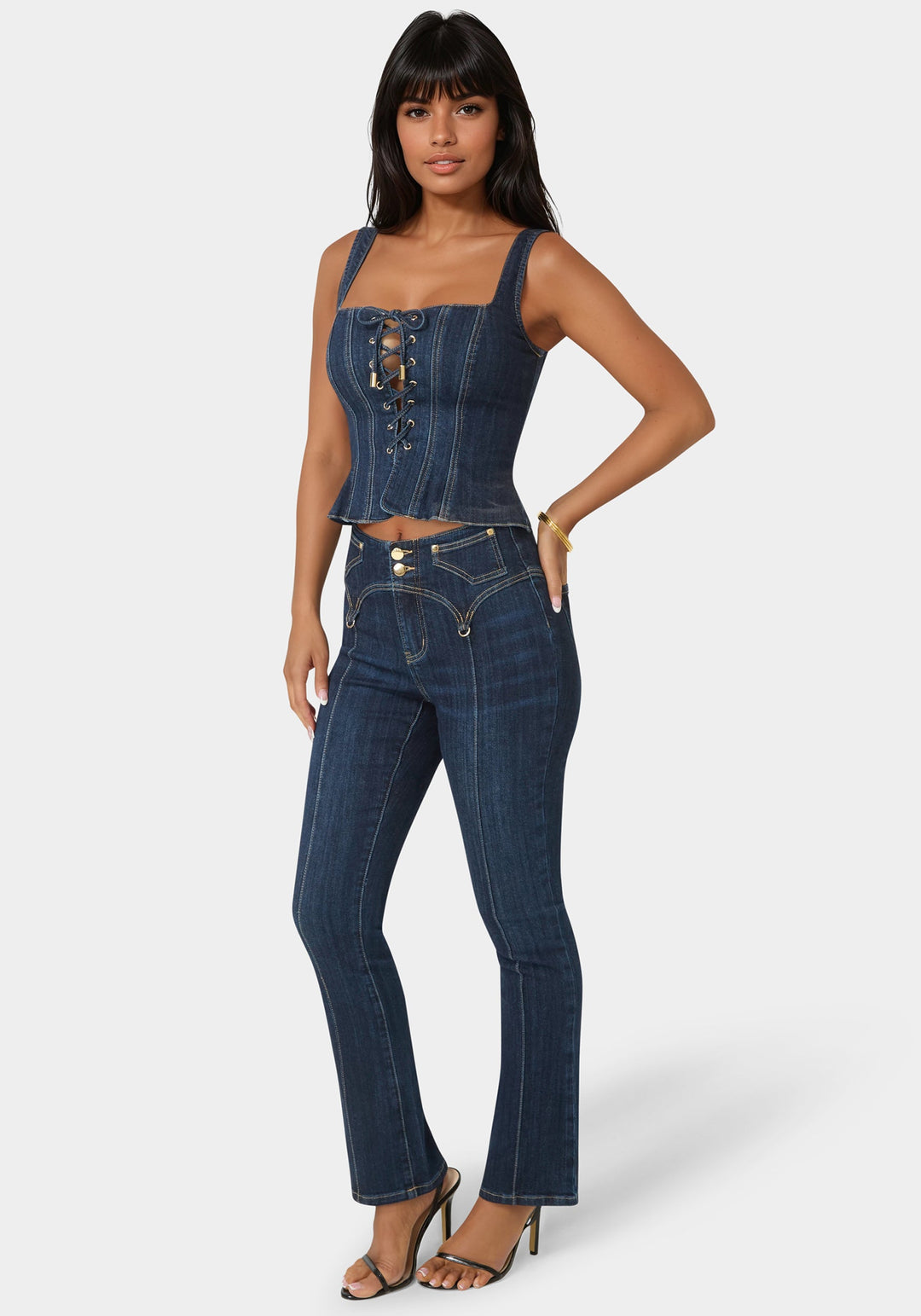 Detail View-Lace Up Corset Denim Top-Midnight Blue Wash