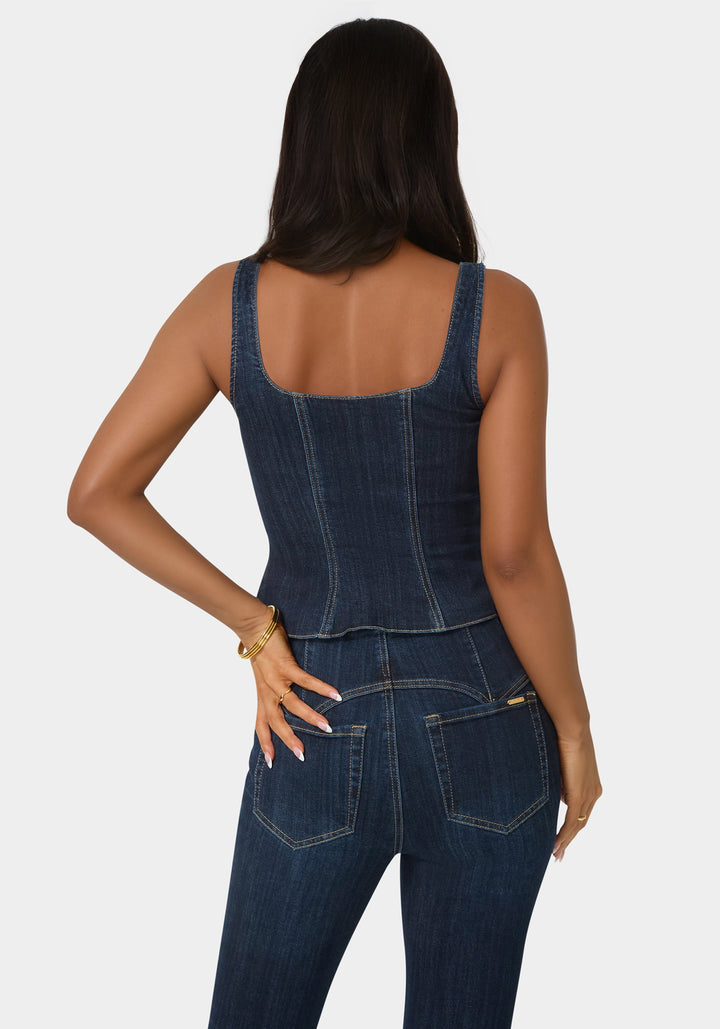 Back View-Lace Up Corset Denim Top-Midnight Blue Wash
