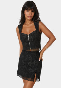 Front View-Floral Jacquard Corset Top-Black