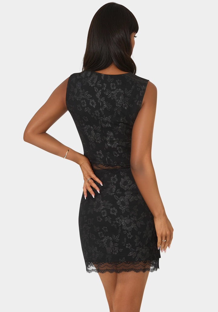 Back View-Floral Jacquard Corset Top-Black