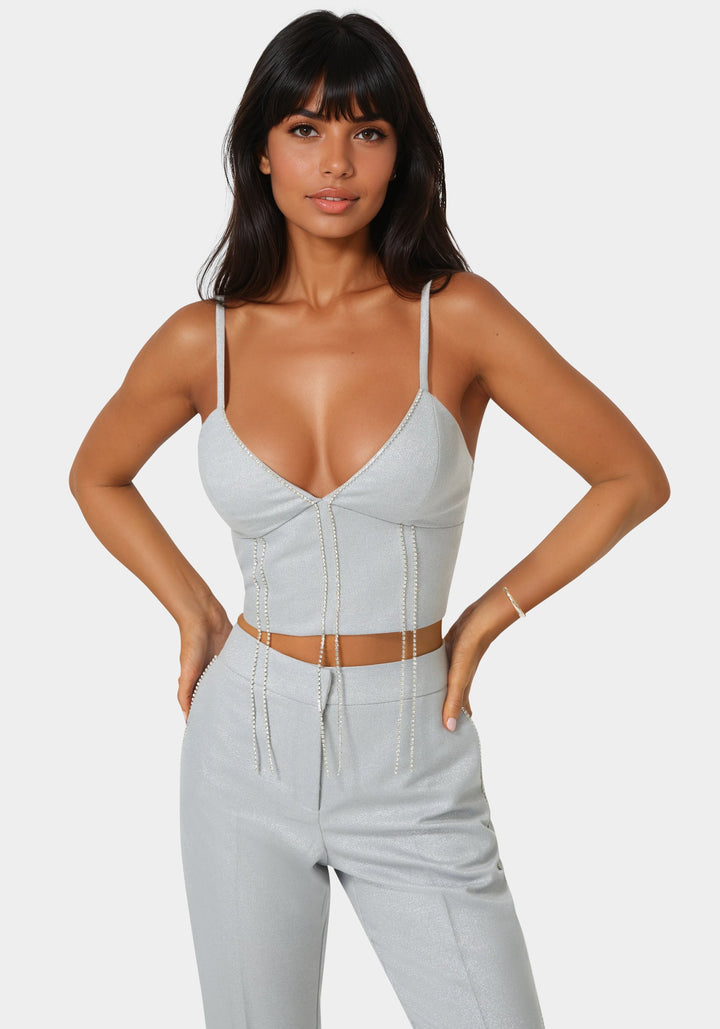 Front View-Glittery Rhinestone Chain Fitted Top-SILVER