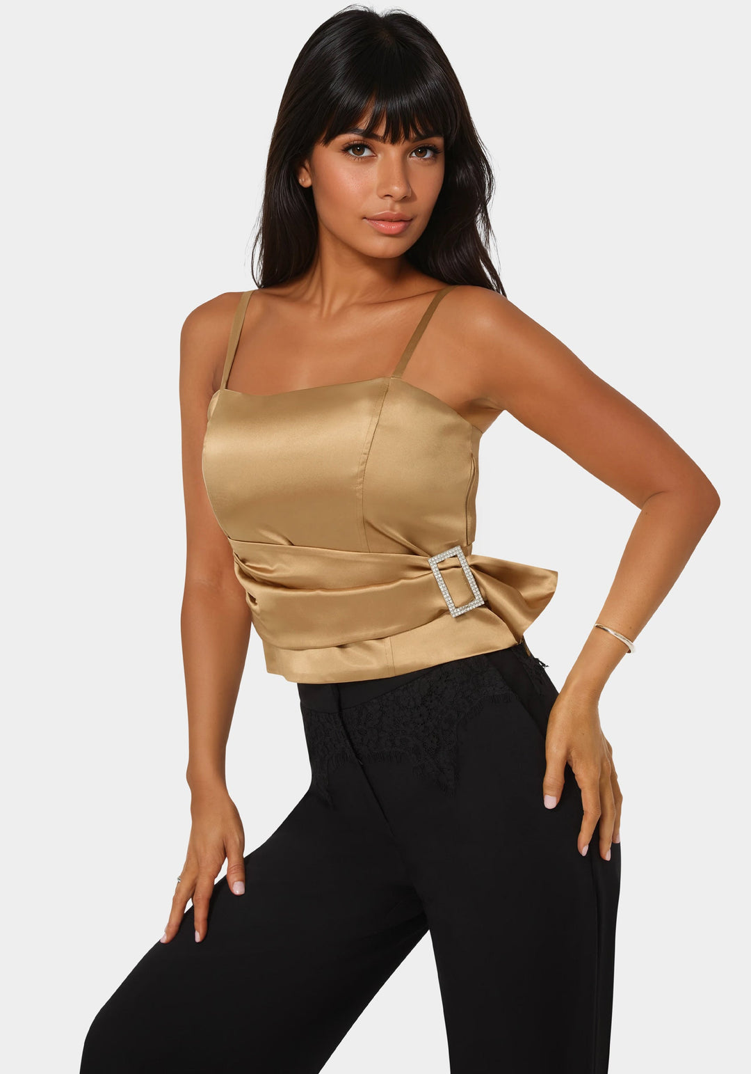 Side View-Satin Rhinestone Buckle Corset Top-GOLD