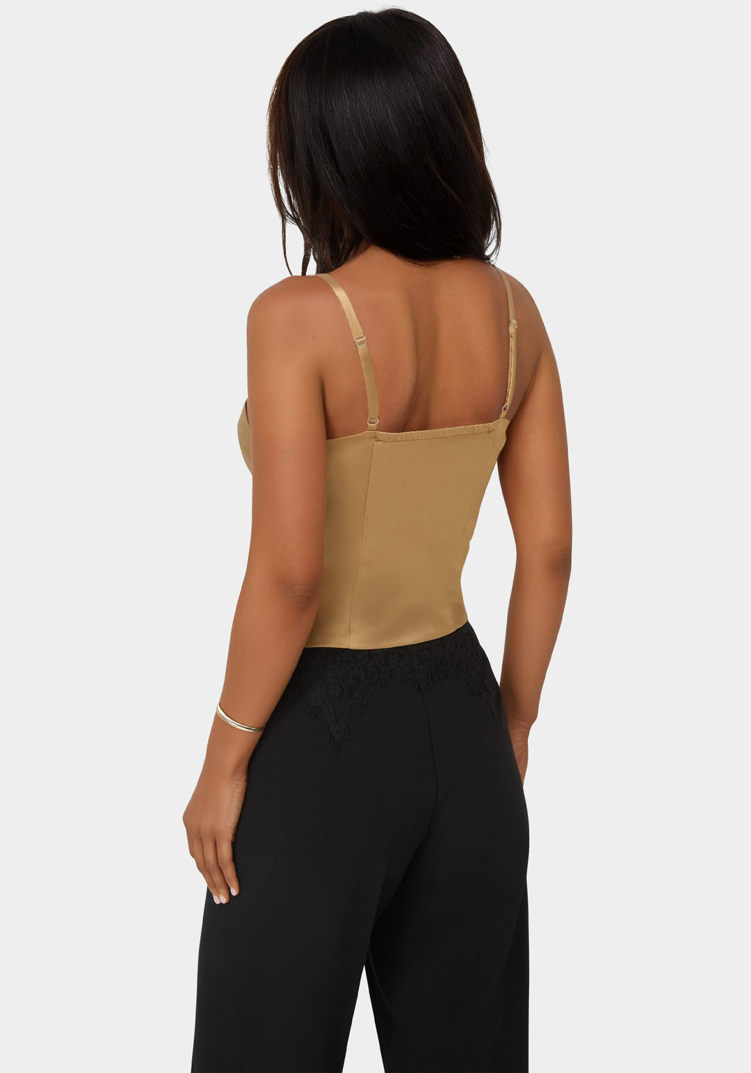 Back View-Satin Rhinestone Buckle Corset Top-GOLD