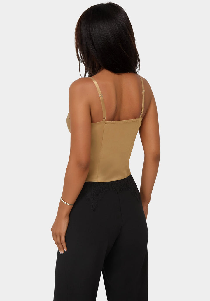 Back View-Satin Rhinestone Buckle Corset Top-GOLD